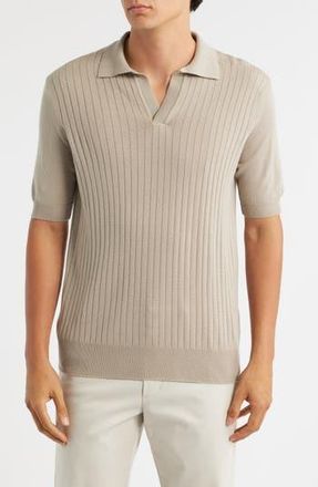 Aur&eacute;lien Rib Johnny Collar Cashwool Polo Sweater in Greige at Nordstrom Rack, Size X-Large
