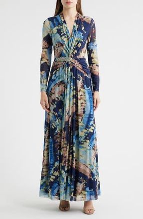 Anne Klein Abstract Print Twist Front Long Sleeve Mesh Maxi Dress in Blue Tide Multi at Nordstrom Rack, Size 12