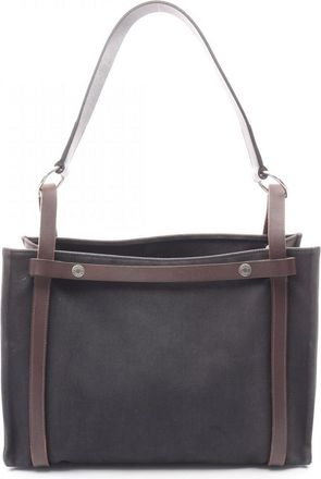 Herm&egrave;s Black Brown Toile Chevron Leather Handbag Tote Bag (Pre-Owned)