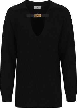 Elisabetta Franchi Wool Blend Sweater With Wide V-Neck And Amber Detail