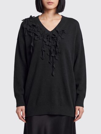 Alberta Ferretti V-Neck Wool Knit Mini Dress with Flower Appliqu&eacute;