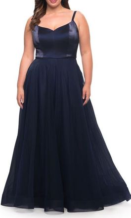La Femme Long Plus Size Gown with Tulle Skirt and Satin Top in Navy at Nordstrom, Size 16W