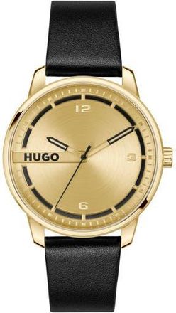 BOSS Stamp Leather Strap Watch, 42mm in Gold at Nordstrom Rack