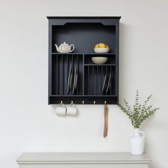 Melody Maison Black Wall Mounted Plate Rack With Gold Hooks