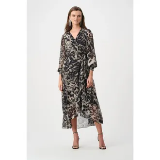 Joseph Ribkoff Chiffon Printed Fit and Flare Wrap Dress in Grey/multi at Nordstrom, Size 16