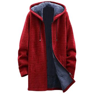 Generic Zip up Hoodies for Men Comfy Fleece Lined Thermal Cozy Cardigans Soft Mid-Length Winter Coat Solid Color Windbreaker Warm Hooded Mens Overcoat Drawstr