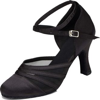 Minitoo Womens Latin Salsa Closed Toe Satin Mesh Ballroom Dance Shoes Party Pumps L189 Black 8cm Heel UK 2.5