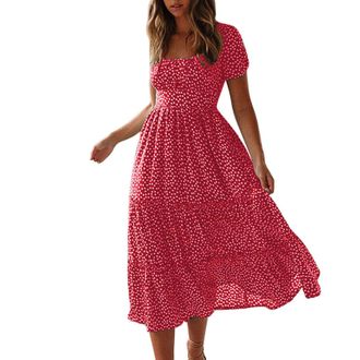 Generic Sun Dresses for Women UK, Puff Sleeves Square Neck Midi Floral Dresses, Ladies Flowy Chiffon Casual Beach Holiday Sundress Beach Dress for Women UK Re