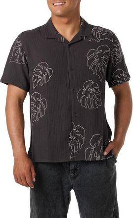 O'Neill Pipeline Rodeo Monstera Embroidered Gauze Camp Shirt in Phantom at Nordstrom, Size Xx-Large