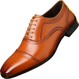 Generic Mens Leather Lace Up Cap Toe Brogue Oxfords Comfortable Low Heel Classic Business Wedding Dress Shoes Fashion Oxford Derby Shoes (11.5,Brown)