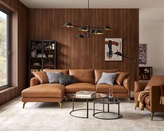 Castlery Lena Leather Chaise Sectional Sofa, Left Facing, American Top Grain Leather, Brown, Brass Leg