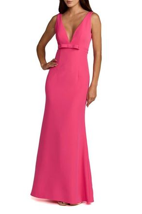 Mac Duggal Crepe Sleeveless V Neck Sheath Gown With Bow in Hot Pink at Nordstrom, Size 12