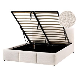 Beliani Cama Con Almacenaje De Boucl&eacute; Blanco Crema 140 X 200 Cm Acolchado Almacenaje Bousse