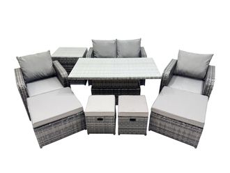 Fimous 8-seater Rattan Garden Furniture Set with 2 Big Footstool Side Table in Dark Grey