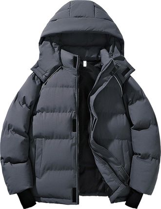 Generic Winter Mens Thickened Hooded Down Jacket Snow Warm Lightweight Coat Windproof Waterproof Puffer Jacket for Men Dark Grey 4X-Large