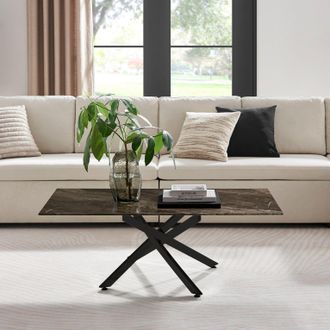 Furniturebox Leonardo Rectangular Marble Effect Glass Top Coffee Table With Black Metal Starburst Legs in Grey