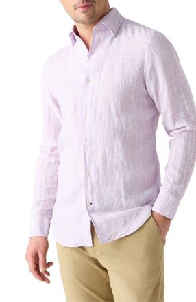 Robert Talbott Morgan Medium Stripe Linen Shirt in Purple at Nordstrom, Size Xx-Large - 36
