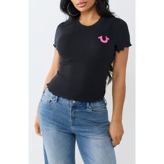 True Religion Wings Lettuce Edge Rib Baby Tee in Jet Black at Nordstrom Rack, Size X-Large