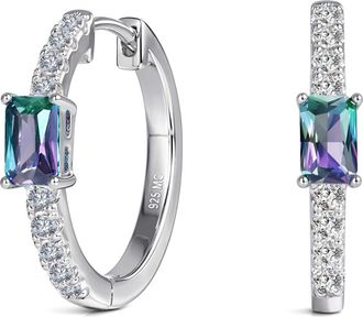 MAX + STONE 925 Sterling Silver Emerald Cut Round Gemstone Hoop Earrings with Cubic Zirconia