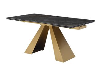 Vente-Unique Mesa de comedor extensible 6 a 10 personas de cristal templado, cer&aacute;mica y metal - Efecto m&aacute;rmol negro y dorado - LOZIPA de Maison C&eacute;phy