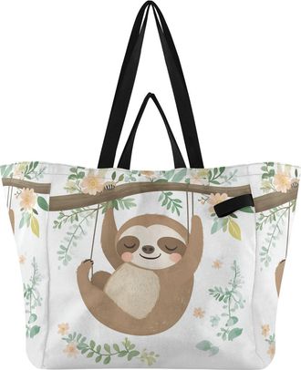Generic Floral Sloth Beige pattern Reusable Canvas Tote Bag, Heavy Duty Grocery Shopping Bag with Hard Bottom Double Handles Large Capacity Work Groceries Tra