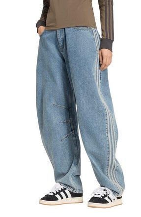 adidas Originals 3-Stripes Barrel Leg Jeans in Worn Blue Denim at Nordstrom, Size 30