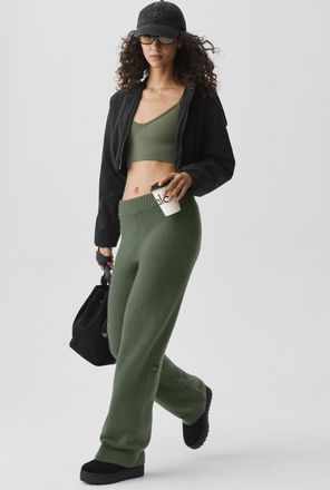 Alo | Wool Cashmere High-Waist New Class Wide Leg Pants in Bamboo Green, Size: Large