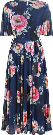 Yumi Navy Mesh Floral Print Midi Dress with Angel Sleeves (UK, Numeric, 12, Regular, Regular, Navy)