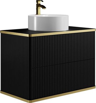 Vente-Unique Mueble de baño suspendido estriado con ribete dorado y lavabo redondo - Negro - 80 cm - KELIZA