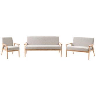 Beliani Conjunto De Sala De Estar Retro Sof&aacute; 3 Plazas Sof&aacute; 2 Plazas Y Sill&oacute;n Tapizado De Poli&eacute;ster Estructura De Madera Gris Y Marr&oacute;n Claro Esrum
