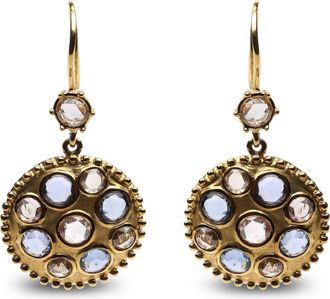 House of Brilliance 18K Yellow Gold 1 2/3 Cttw Diamond and Blue Sapphire Bezel Set Gemstone Cluster Medallion Dangle Earrings