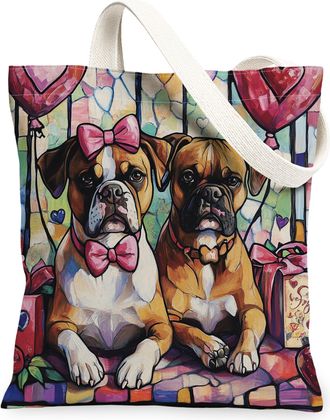 Generic Valentines Day Boxer Dog Canvas Tote Bag for Shopping 13x15, Stained Glass Puppy Reusable Grocery Print Pattern Bag for Women, Couple Beach Aesthetic 