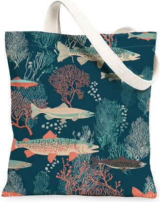 Generic Ocean Life Canvas Tote Bags, Fish Coral Pattern Reusable Grocery Bags, Summer Nautical Bohemian Lightweight Washable Should, Navy, 13x15 Inch