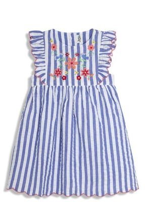JoJo Maman B&eacute;b&eacute; Floral Embroidered Frill Cotton Seersucker Sundress in Blue at Nordstrom, Size 18-24M