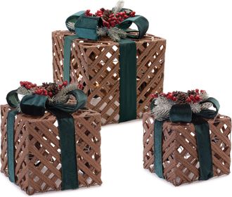 Melrose International LED Woven Packages with Bow Arrangement (Set of 3) - Brown, Green
