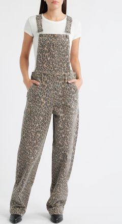 Hidden Jeans Cheetah Print Baggy Overalls in Khaki at Nordstrom, Size Medium