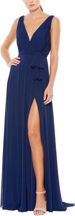 Mac Duggal Pleated V-Neck Draped Tie Gown