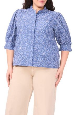 CeCe by Cynthia Steffe Daisy Embroidered Chambray Button-Up Top in Classic Navy at Nordstrom, Size 2 X