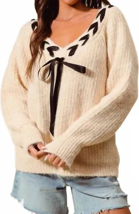 So Me Braided Ribbon V-Neck Sweater Top In Beige