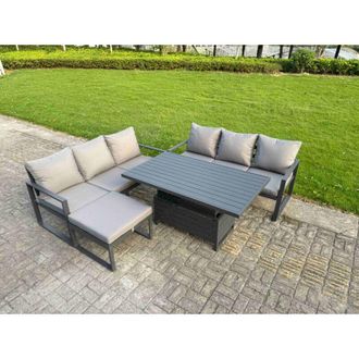 Fimous Fimous 4 Pieces Garden Furniture Set Aluminium Adjustable Rising Lifting Dining Table and Sofa Set with Big Footstool Dark Grey