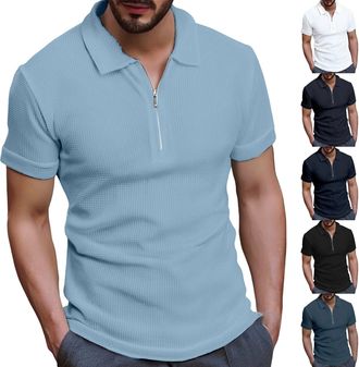 Generic Mens Polo Shirts Waffle Quarter Zipper T-Shirts Summer Short Sleeve Collared Tops 1/4 Zip Up Business Shirt Tees 2025 Camisas para Hombres Tshirt Homm