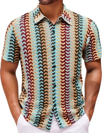 Generic Mens Shirts Casual Summer Knitted Cotton T Shirt Short Sleeve Button Down Collared Pullovers Cock Print Holiday Overshirt Comfy Beach Tops Green