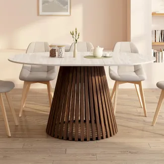 IDMarket Carmen Mesa De Comedor Redonda Extensible 4-8 Personas Con Patas De Listones De Nogal Y Tablero Efecto Travertino 110 - 150 Cm