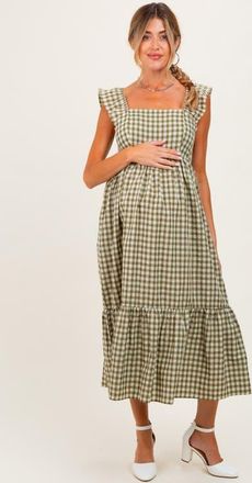 Pinkblush Gingham Ruffle Strap Midi Dress in Olive Green at Nordstrom, Size Medium