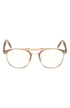 Tom Ford 52mm Pilot Blue Light Blocking Glasses in Champagne /T Logo at Nordstrom