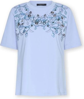 Elena Miro T-shirt met bloemenborduursel - Dames - T-shirts - Blauw - XS - Katoen - Tops