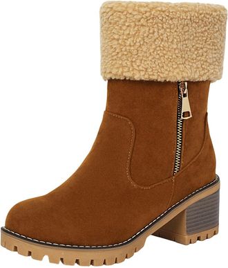 Generic Ladies Winter Boots Fur Lined Shoes Suede Short Tube Work Boots Chunky Mid Block Heel Slip On Warm Round Toe Womens Winter Shoes with Side Zip Non Sli