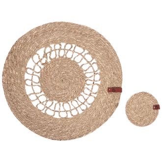 Beliani Conjunto De 12 Manteles Individuales Y Posavasos 35/10 Cm De Alga Marina Natural Hecho A Mano Redondos Comedor Estilo Boho Natural Pepperberry