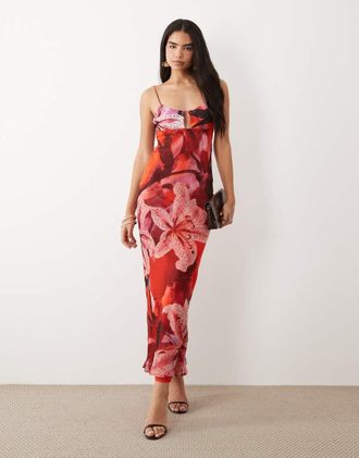 Asos Vestito lungo in raso rosso a fiori con taglio sbieco e bustino-Multi