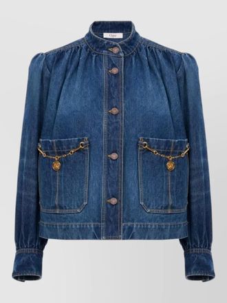 Chlo&eacute; denim high neck gathered cropped jacket